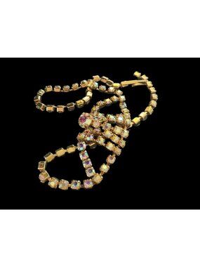 Vintage Aurora Borealis Rhinestone Necklace Gold-Tone Adjustable Length Statemen